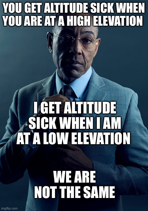 Colorado | YOU GET ALTITUDE SICK WHEN YOU ARE AT A HIGH ELEVATION; I GET ALTITUDE SICK WHEN I AM AT A LOW ELEVATION; WE ARE NOT THE SAME | image tagged in gus fring we are not the same,colorado,memes | made w/ Imgflip meme maker