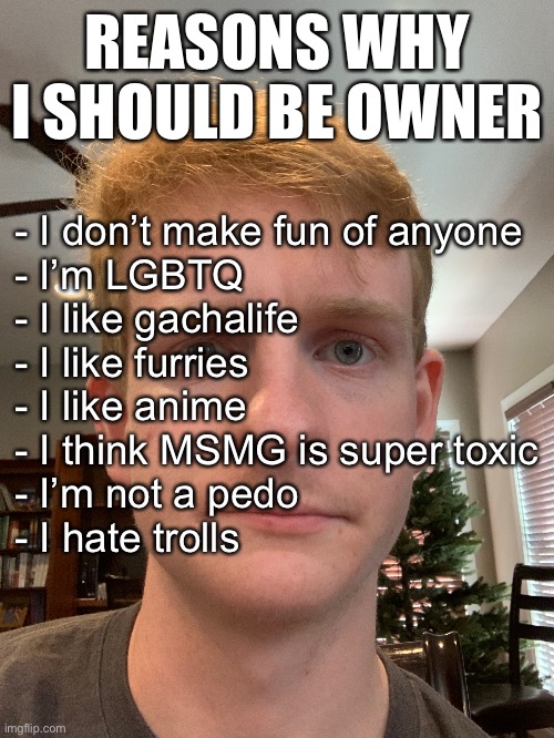 HAPPY OPPOSITE DAY | REASONS WHY I SHOULD BE OWNER; - I don’t make fun of anyone
- I’m LGBTQ
- I like gachalife
- I like furries
- I like anime
- I think MSMG is super toxic
- I’m not a pedo
- I hate trolls | image tagged in funny,reasons i should be owner | made w/ Imgflip meme maker