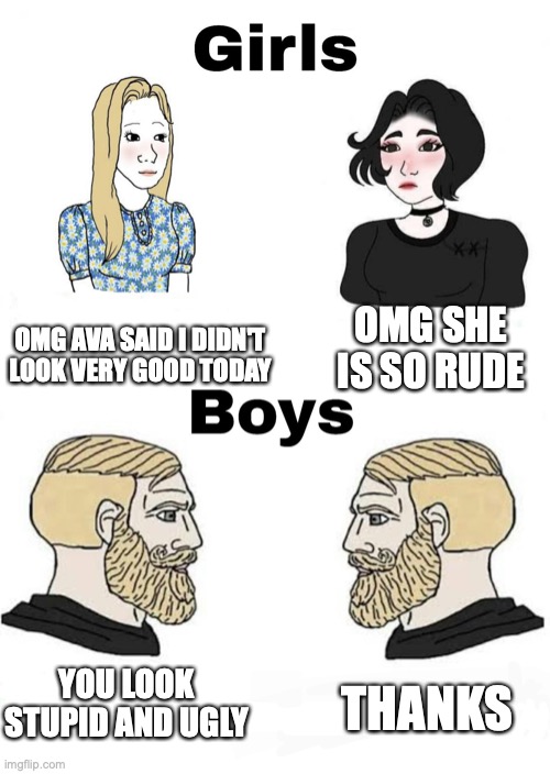 Girls vs Boys | OMG AVA SAID I DIDN'T LOOK VERY GOOD TODAY; OMG SHE IS SO RUDE; THANKS; YOU LOOK STUPID AND UGLY | image tagged in girls vs boys | made w/ Imgflip meme maker