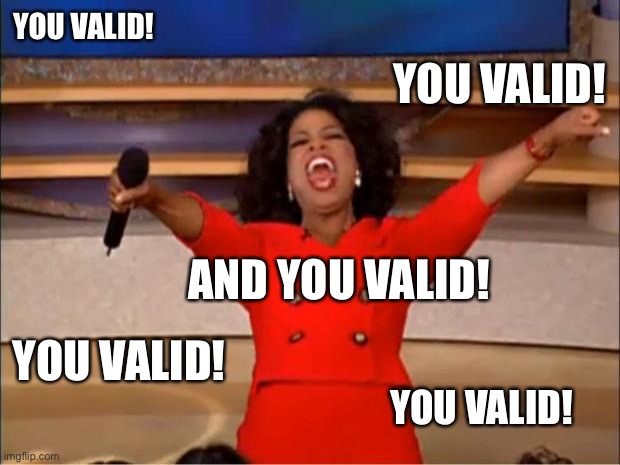 You all valid!! | YOU VALID! YOU VALID! AND YOU VALID! YOU VALID! YOU VALID! | image tagged in memes,oprah you get a | made w/ Imgflip meme maker