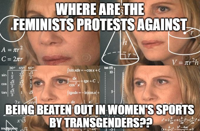 Calculating meme | WHERE ARE THE FEMINISTS PROTESTS AGAINST; BEING BEATEN OUT IN WOMEN'S SPORTS 
BY TRANSGENDERS?? | image tagged in calculating meme | made w/ Imgflip meme maker