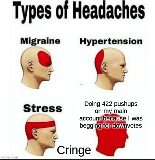 Types of Headaches meme | Doing 422 pushups on my main account because I was begging for downvotes; Cringe | image tagged in types of headaches meme,cringe,bruh,why | made w/ Imgflip meme maker