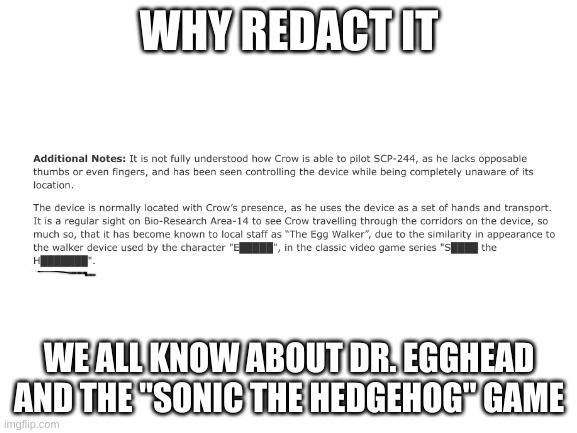 stupid redactions | WHY REDACT IT; WE ALL KNOW ABOUT DR. EGGHEAD AND THE "SONIC THE HEDGEHOG" GAME | image tagged in blank white template | made w/ Imgflip meme maker