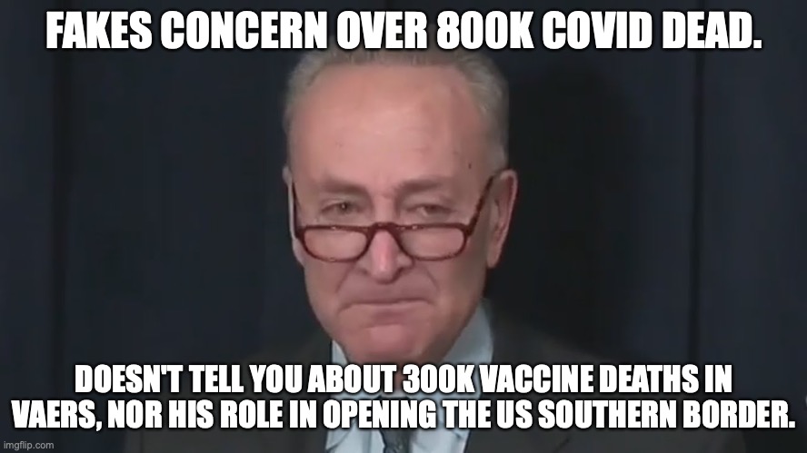 I will start believing COVID is a problem when the US borders are totally sealed. | FAKES CONCERN OVER 800K COVID DEAD. DOESN'T TELL YOU ABOUT 300K VACCINE DEATHS IN VAERS, NOR HIS ROLE IN OPENING THE US SOUTHERN BORDER. | image tagged in chuck schumer,2021,covid,lies,illegal aliens | made w/ Imgflip meme maker