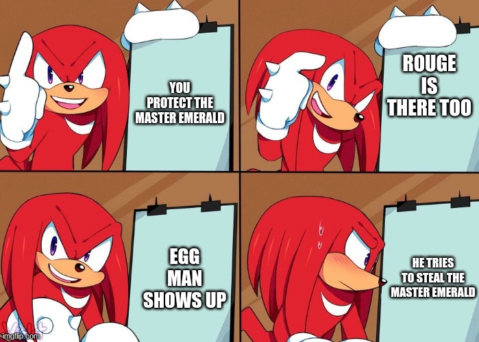 Knukles logic | YOU PROTECT THE MASTER EMERALD; ROUGE IS THERE TOO; EGG MAN SHOWS UP; HE TRIES TO STEAL THE MASTER EMERALD | image tagged in knuckles | made w/ Imgflip meme maker