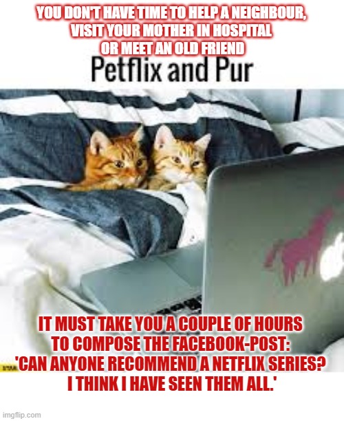 This #lolcat wonders: People don't have time to help others but they do have time to watch Netflix. | YOU DON'T HAVE TIME TO HELP A NEIGHBOUR, 
VISIT YOUR MOTHER IN HOSPITAL 
OR MEET AN OLD FRIEND; IT MUST TAKE YOU A COUPLE OF HOURS 
TO COMPOSE THE FACEBOOK-POST: 
'CAN ANYONE RECOMMEND A NETFLIX SERIES? 
I THINK I HAVE SEEN THEM ALL.' | image tagged in lolcat,netflix,time,selfish | made w/ Imgflip meme maker