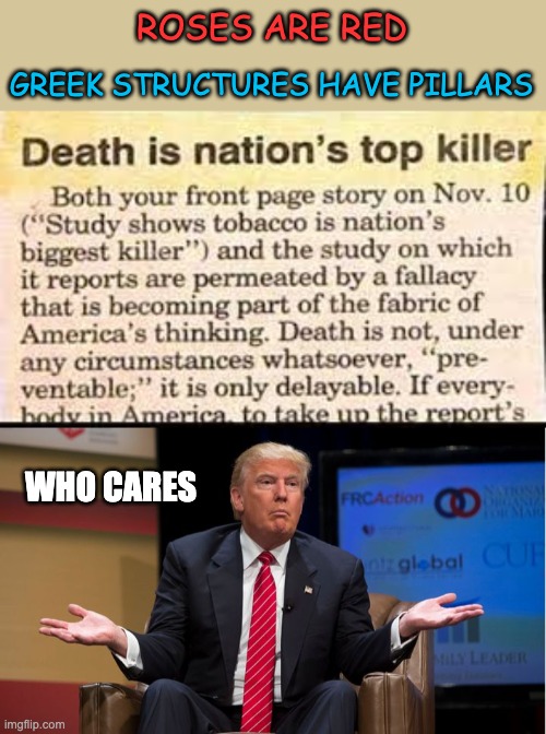 who cares? but then again, we should... | ROSES ARE RED; GREEK STRUCTURES HAVE PILLARS; WHO CARES | image tagged in who cares,donald trump,news,roses are re,death | made w/ Imgflip meme maker