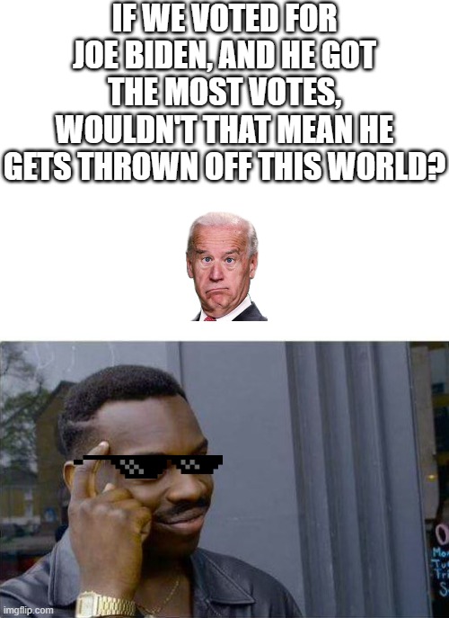 IF WE VOTED FOR JOE BIDEN, AND HE GOT THE MOST VOTES, WOULDN'T THAT MEAN HE GETS THROWN OFF THIS WORLD? | image tagged in blank white template,logic thinker | made w/ Imgflip meme maker