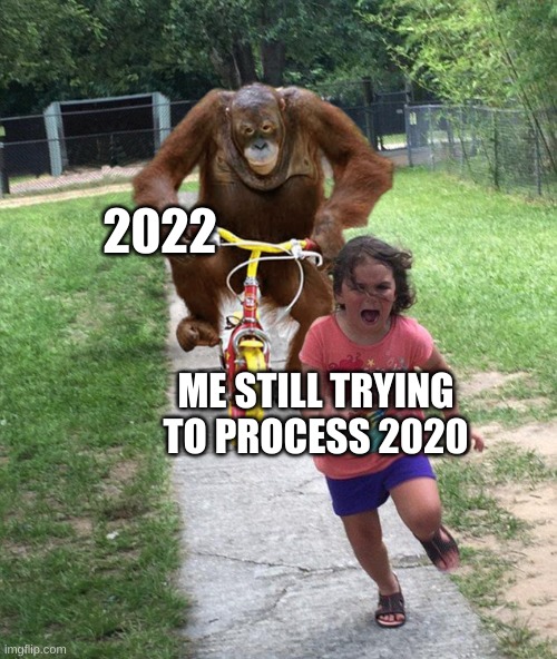 Oh boy... | 2022; ME STILL TRYING TO PROCESS 2020 | image tagged in orangutan chasing girl on a tricycle,2022 | made w/ Imgflip meme maker
