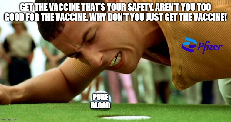 Pfizer Mad | GET THE VACCINE THAT'S YOUR SAFETY, AREN'T YOU TOO GOOD FOR THE VACCINE, WHY DON'T YOU JUST GET THE VACCINE! PURE BLOOD | image tagged in happy gilmore - go home,vaccine,money,profiteering,pfizer | made w/ Imgflip meme maker