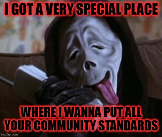 ghost account |  I GOT A VERY SPECIAL PLACE; WHERE I WANNA PUT ALL YOUR COMMUNITY STANDARDS | image tagged in ghost accounts,community standards,scream,suspended | made w/ Imgflip meme maker