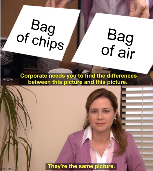 Air | Bag of chips; Bag of air | image tagged in memes,they're the same picture,potato chips,lays chips,funny,air | made w/ Imgflip meme maker