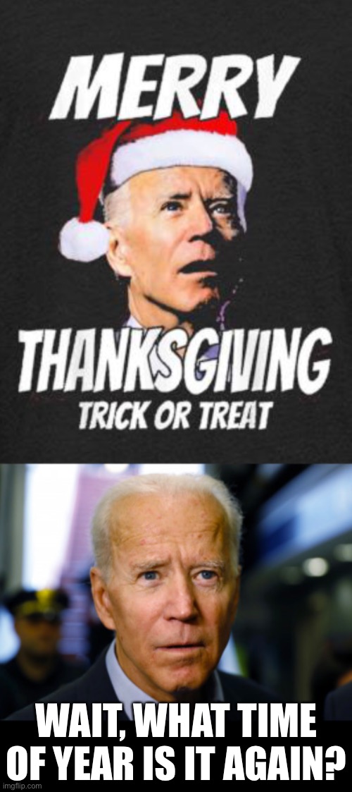 mr forgetful is biden his time | WAIT, WHAT TIME OF YEAR IS IT AGAIN? | image tagged in joe biden confused,politics,biden,christmas,thanksgiving,halloween | made w/ Imgflip meme maker