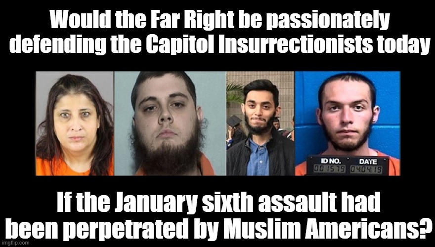 January 6th Insurrectionists | Would the Far Right be passionately defending the Capitol Insurrectionists today; If the January sixth assault had been perpetrated by Muslim Americans? | image tagged in capitol hill,jihad,maga,right wing,nevertrump | made w/ Imgflip meme maker