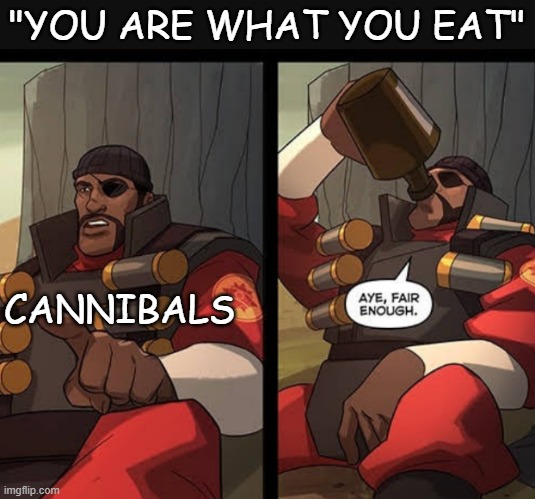 you are what you eat | "YOU ARE WHAT YOU EAT"; CANNIBALS | image tagged in ay fair enough | made w/ Imgflip meme maker