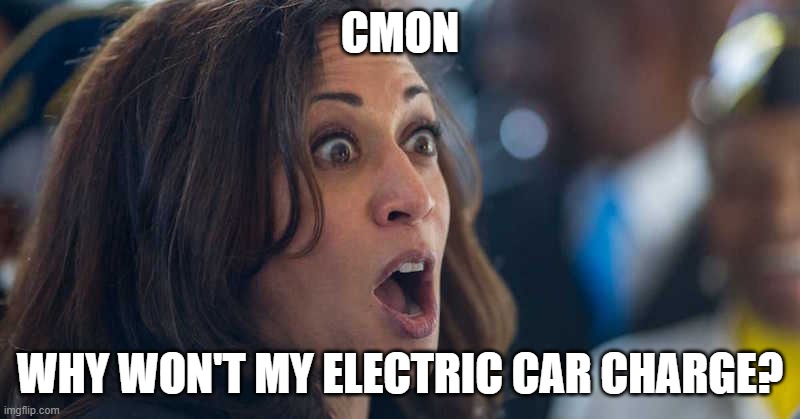 So much for our "new clean energy" source | CMON; WHY WON'T MY ELECTRIC CAR CHARGE? | image tagged in kamala harriss | made w/ Imgflip meme maker
