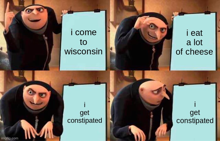 Gru's Plan | i come to wisconsin; i eat a lot of cheese; i get constipated; i get constipated | image tagged in memes,gru's plan | made w/ Imgflip meme maker