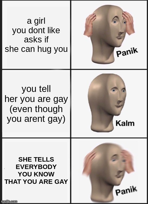 didnt think that one through | a girl you dont like asks if she can hug you; you tell her you are gay (even though you arent gay); SHE TELLS EVERYBODY YOU KNOW THAT YOU ARE GAY | image tagged in memes,panik kalm panik | made w/ Imgflip meme maker