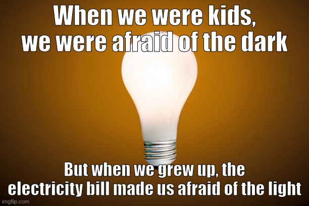 It costs a whole 7 cents a day | When we were kids, we were afraid of the dark; But when we grew up, the electricity bill made us afraid of the light | image tagged in lightbulb | made w/ Imgflip meme maker