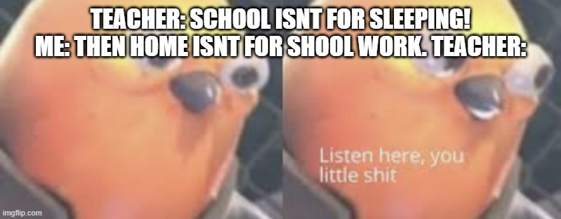 Listen here you little shit bird | TEACHER: SCHOOL ISNT FOR SLEEPING! ME: THEN HOME ISNT FOR SHOOL WORK. TEACHER: | image tagged in listen here you little shit bird | made w/ Imgflip meme maker