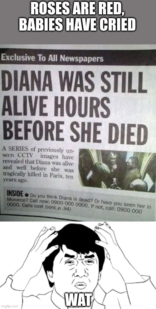 Diana was still alive!! | ROSES ARE RED,
BABIES HAVE CRIED; WAT | image tagged in funny,confused | made w/ Imgflip meme maker