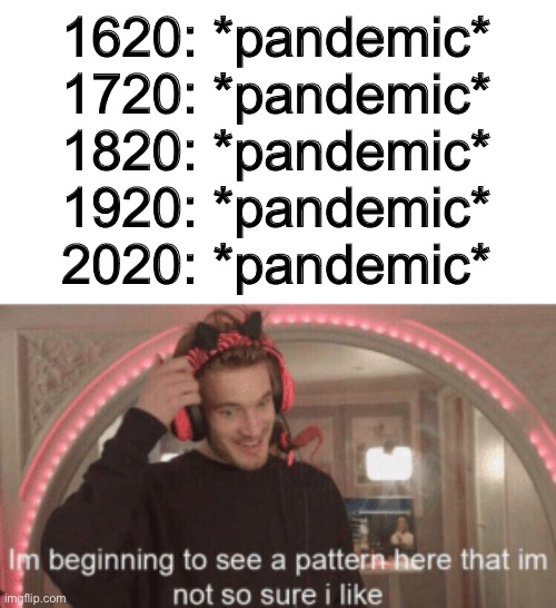 Huh | 1620: *pandemic*
1720: *pandemic*
1820: *pandemic*
1920: *pandemic*
2020: *pandemic* | image tagged in im beginning to see a pattern here im not so sure i like,memes,fun,oop,lol | made w/ Imgflip meme maker