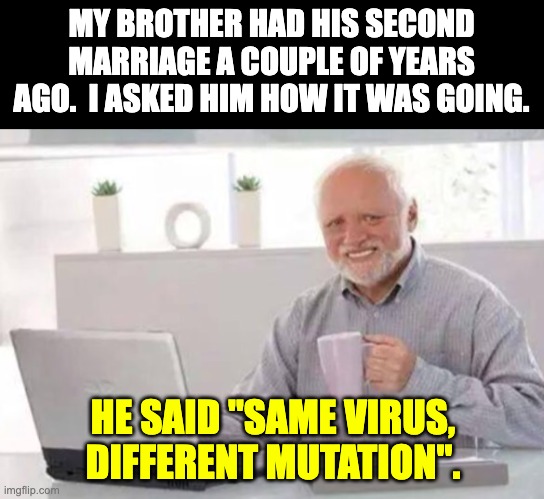 Marriage | MY BROTHER HAD HIS SECOND MARRIAGE A COUPLE OF YEARS AGO.  I ASKED HIM HOW IT WAS GOING. HE SAID "SAME VIRUS, DIFFERENT MUTATION". | image tagged in harold | made w/ Imgflip meme maker