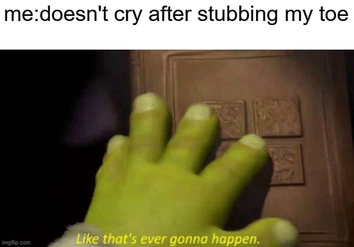 impossible | me:doesn't cry after stubbing my toe | image tagged in like that's ever gonna happen,impossible,stub yoe | made w/ Imgflip meme maker