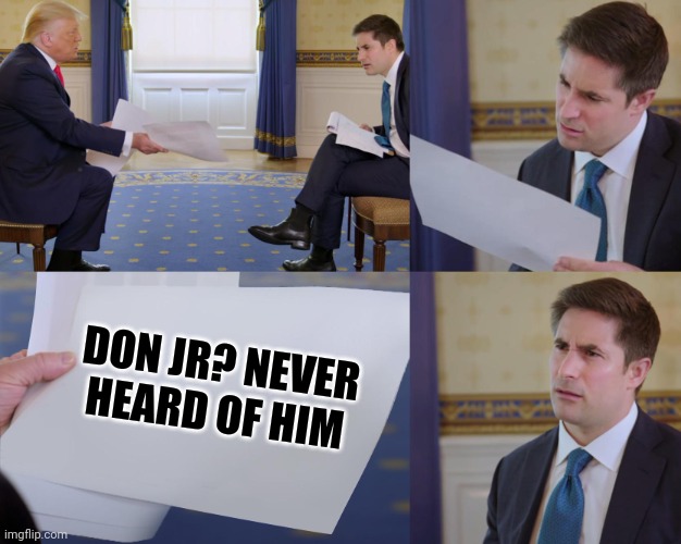 Maybe if Jr slept with diaper don like his sibling he wouldn't have to go through Meadows to reach daddy | DON JR? NEVER HEARD OF HIM | image tagged in trump interview | made w/ Imgflip meme maker