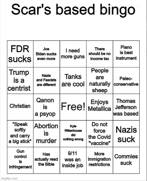 Good luck, I bet 0 people win >:) | Scar's based bingo; I need more guns; Joe Biden sucks even more; Piano is best instrument; FDR sucks; There should be no income tax; People are naturally sheep; Tanks are cool; Trump is a centrist; Paleo- conservative; Nazis and Fascists are different; Enjoys Metallica; Christian; Thomas Jefferson was based; Qanon is a psyop; Nazis suck; Do not force the Covid "vaccine"; "Speak softly and carry a big stick"; Abortion is murder; Kyle Rittenhouse did nothing wrong; Gun control is infringement; Has actually read the Bible; Commies suck; 9/11 was an inside job; More immigration restrictions | image tagged in blank bingo | made w/ Imgflip meme maker