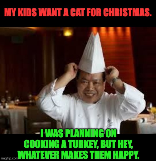 Here Kitty | MY KIDS WANT A CAT FOR CHRISTMAS. I WAS PLANNING ON COOKING A TURKEY, BUT HEY, WHATEVER MAKES THEM HAPPY. | image tagged in chinese cheff | made w/ Imgflip meme maker