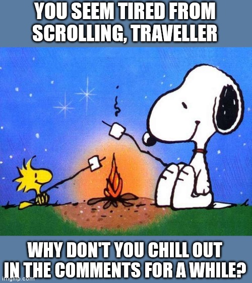 Snoopy woodstock campfire | YOU SEEM TIRED FROM SCROLLING, TRAVELLER; WHY DON'T YOU CHILL OUT IN THE COMMENTS FOR A WHILE? | image tagged in memes,browsing memes,stop scrolling,relax,head to the comments,for something special | made w/ Imgflip meme maker