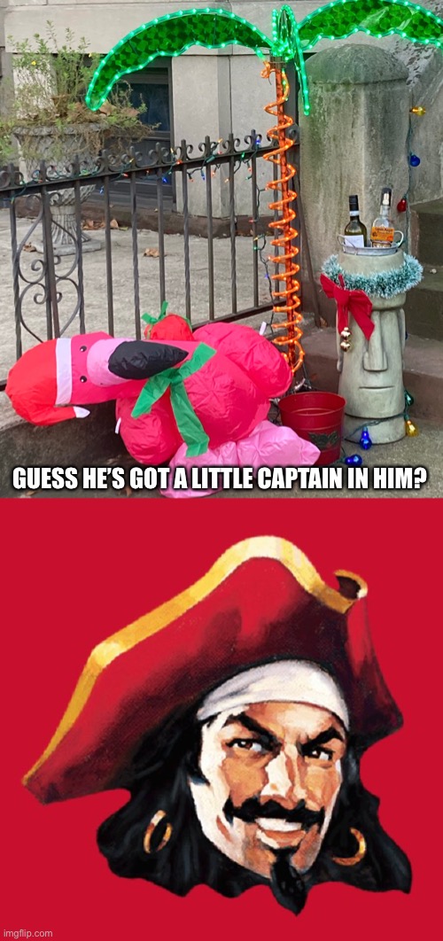 Guess the pink flamingo is seeing pink elephants right about now? | GUESS HE’S GOT A LITTLE CAPTAIN IN HIM? | image tagged in captain morgan | made w/ Imgflip meme maker