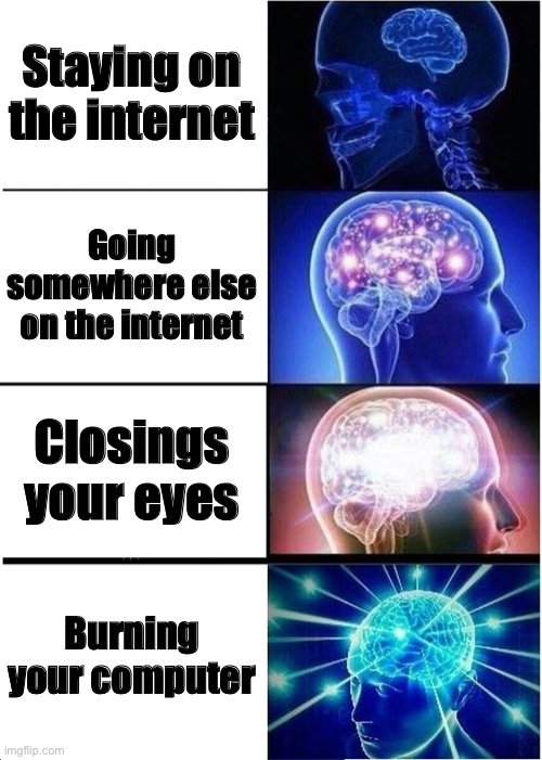 Boom problem solved | Staying on the internet; Going somewhere else on the internet; Closings your eyes; Burning your computer | image tagged in memes,expanding brain,intornet | made w/ Imgflip meme maker