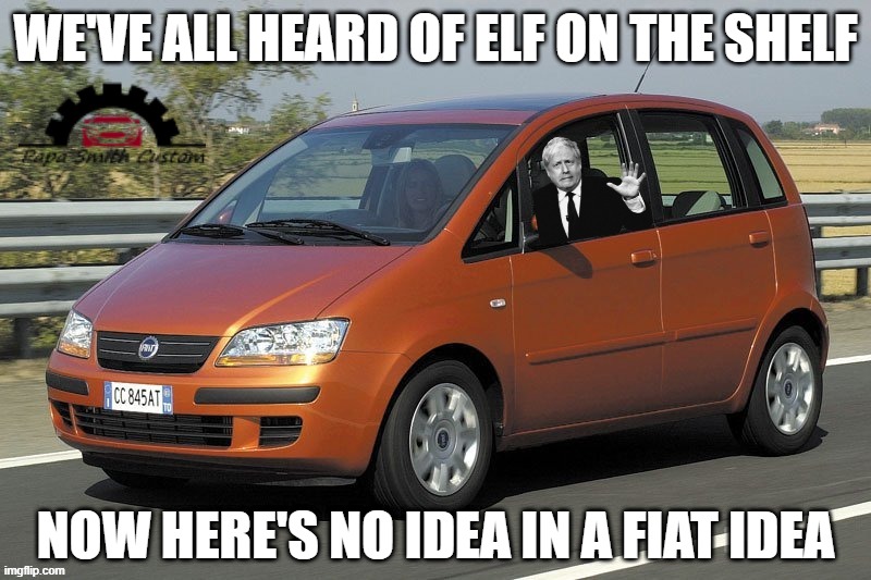 Him again. | WE'VE ALL HEARD OF ELF ON THE SHELF; NOW HERE'S NO IDEA IN A FIAT IDEA | image tagged in boris johnson,prime minister,hopeless,useless,i have no idea,government corruption | made w/ Imgflip meme maker