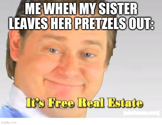 She left them out. | ME WHEN MY SISTER LEAVES HER PRETZELS OUT: | image tagged in it's free real estate | made w/ Imgflip meme maker