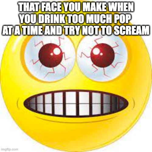 This happens way too often to me lol | THAT FACE YOU MAKE WHEN YOU DRINK TOO MUCH POP 
AT A TIME AND TRY NOT TO SCREAM | image tagged in funny,too much,ouch | made w/ Imgflip meme maker
