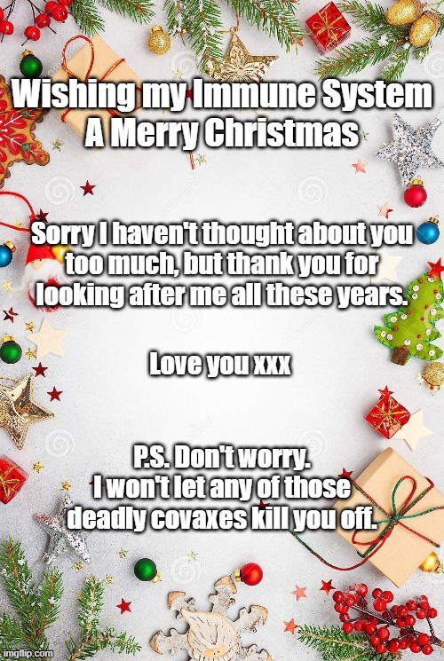 Merry Xmas Immune System | Love you xxx; P.S. Don't worry.
I won't let any of those
deadly covaxes kill you off. | image tagged in covid | made w/ Imgflip meme maker
