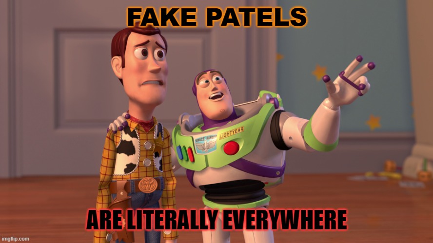 Fake Patels are literally everywhere | FAKE PATELS; ARE LITERALLY EVERYWHERE | image tagged in toy story everywhere | made w/ Imgflip meme maker