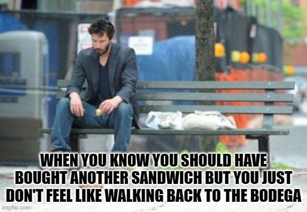I'm still hungry |  WHEN YOU KNOW YOU SHOULD HAVE BOUGHT ANOTHER SANDWICH BUT YOU JUST DON'T FEEL LIKE WALKING BACK TO THE BODEGA | image tagged in memes,sad keanu | made w/ Imgflip meme maker
