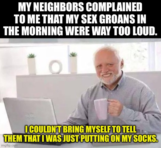 Groan | MY NEIGHBORS COMPLAINED TO ME THAT MY SEX GROANS IN THE MORNING WERE WAY TOO LOUD. I COULDN’T BRING MYSELF TO TELL THEM THAT I WAS JUST PUTTING ON MY SOCKS. | image tagged in harold | made w/ Imgflip meme maker