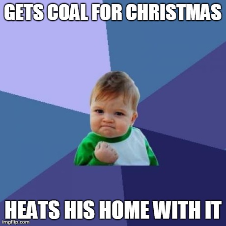 Success Kid Meme | GETS COAL FOR CHRISTMAS HEATS HIS HOME WITH IT | image tagged in memes,success kid | made w/ Imgflip meme maker