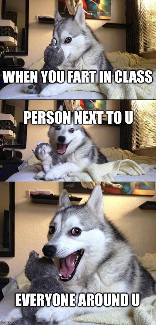 Bad Pun Dog | WHEN YOU FART IN CLASS; PERSON NEXT TO U; EVERYONE AROUND U | image tagged in memes,bad pun dog | made w/ Imgflip meme maker