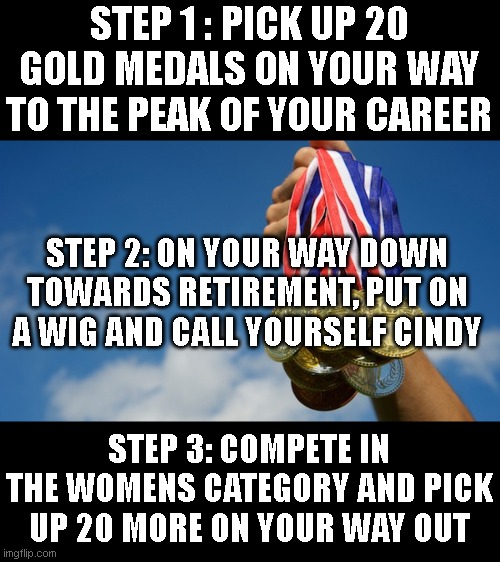 Gold Medals | STEP 1 : PICK UP 20 GOLD MEDALS ON YOUR WAY TO THE PEAK OF YOUR CAREER; STEP 2: ON YOUR WAY DOWN TOWARDS RETIREMENT, PUT ON A WIG AND CALL YOURSELF CINDY; STEP 3: COMPETE IN THE WOMENS CATEGORY AND PICK UP 20 MORE ON YOUR WAY OUT | image tagged in gold medals | made w/ Imgflip meme maker