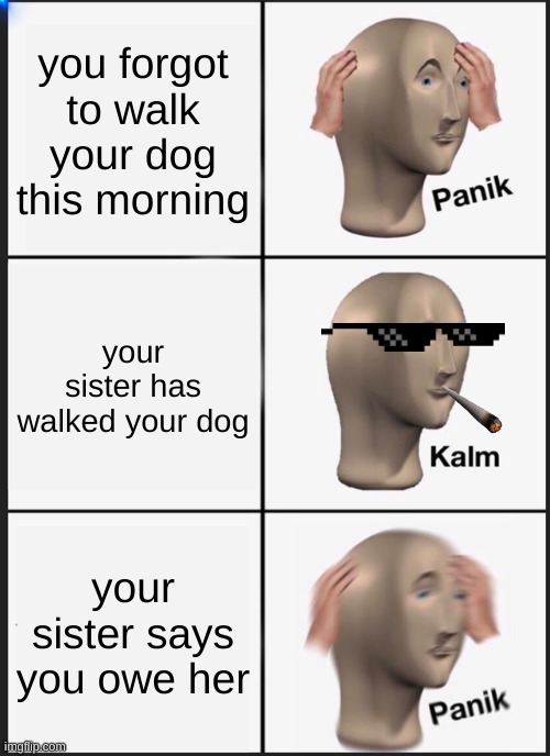Panik Kalm Panik | you forgot to walk your dog this morning; your sister has walked your dog; your sister says you owe her | image tagged in memes,panik kalm panik | made w/ Imgflip meme maker