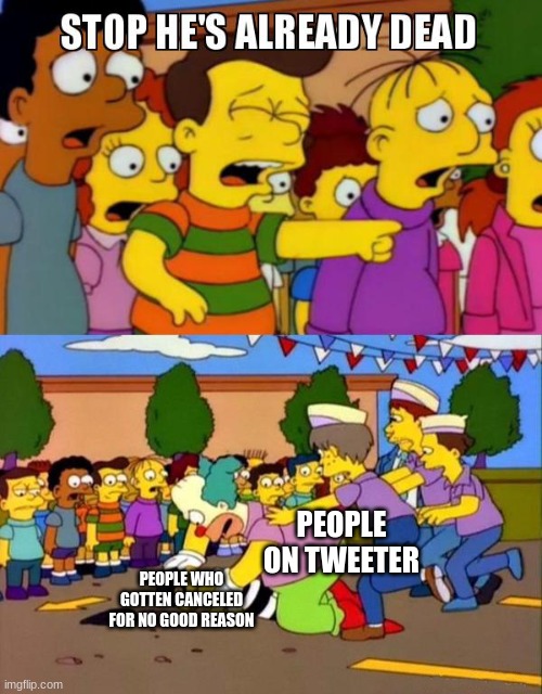 Tweeter in a nutshell | PEOPLE ON TWEETER; PEOPLE WHO GOTTEN CANCELED FOR NO GOOD REASON | image tagged in stop he's already dead | made w/ Imgflip meme maker