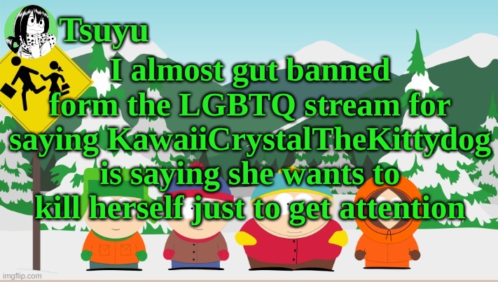 Tsuyu south park template | I almost gut banned form the LGBTQ stream for saying KawaiiCrystalTheKittydog is saying she wants to kill herself just to get attention | image tagged in tsuyu template | made w/ Imgflip meme maker