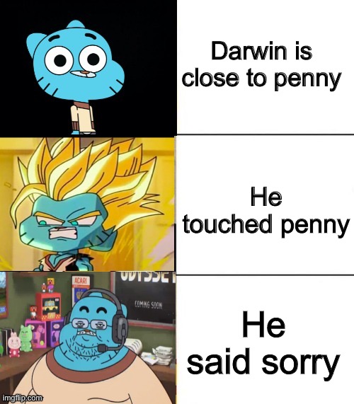 Best,Better, Blurst but with gumball | Darwin is close to penny; He touched penny; He said sorry | image tagged in best better blurst but with gumball | made w/ Imgflip meme maker