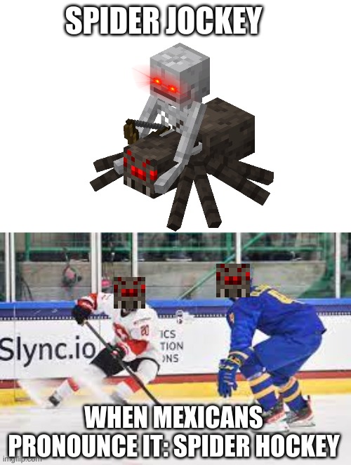 Oh boy. | SPIDER JOCKEY; WHEN MEXICANS PRONOUNCE IT: SPIDER HOCKEY | image tagged in memes,minecraft | made w/ Imgflip meme maker