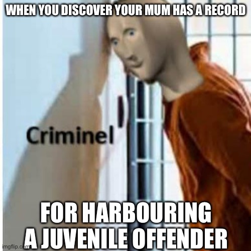 Your mum is not a criminal- you are | WHEN YOU DISCOVER YOUR MUM HAS A RECORD FOR HARBOURING A JUVENILE OFFENDER | image tagged in criminel,juvenile,criminal,mum | made w/ Imgflip meme maker